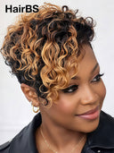 Full lace wig pixie curly wave black 100% Human Hair