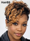 Full lace wig pixie curly wave black 100% Human Hair