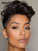 Full lace wig pixie wavy black 100% Human Hair 
