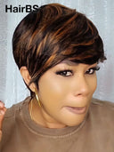 Pixie cut wig ready to wear machine made brown highlight 100% Human Hair 
