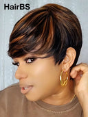Pixie cut wig ready to wear machine made brown highlight 100% Human Hair 