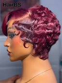 Pixie wig Lace front 13x4 wig burgundy finger wave 100% Human Hair