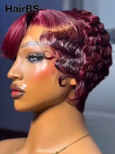 Pixie wig Lace front 13x4 wig burgundy finger wave 100% Human Hair