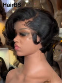 Lace front pixie Wig bob black side part 100% Human Hair