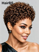 Pixie wig brown curly wave machine made 
