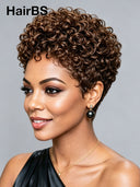 Pixie wig brown curly wave machine made 