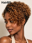 Glueless Pixie wig curly wave machine made honey highlight