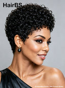 Gluelesse wig Pixie black machine made curly wave
