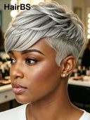 Pixie cut wig gray Salt and pepper Glueless wig 100% Human Hair