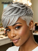 Pixie cut wig gray Salt and pepper Glueless wig 100% Human Hair
