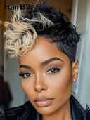 Pixie cut wig Lace front 13x6 quick weave blonde highlight 100% Human Hair 