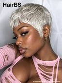 Pixie cut wig silver straight machine made 100% Human Hair