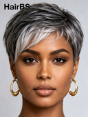 Special Machine made pixie cut wig Silver Gray 100% Human Hair