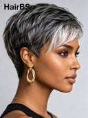 Special Machine made pixie cut wig Silver Gray 100% Human Hair