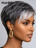 Special Machine made pixie cut wig Silver Gray 100% Human Hair