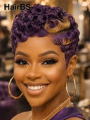 Pixie wig Machine Made finger wave chioma purple 100% Human Hair