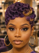 Pixie wig Machine Made finger wave chioma purple 100% Human Hair