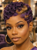 Pixie wig Machine Made finger wave chioma purple 100% Human Hair