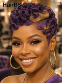 Pixie wig Machine Made finger wave chioma purple 100% Human Hair