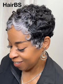 Salt and Pepper finger wave glueless wig pixie cut 100% Human Hair 