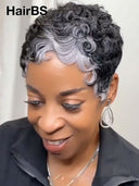 Salt and Pepper finger wave glueless wig pixie cut 100% Human Hair 