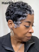 Salt and Pepper finger wave glueless wig pixie cut 100% Human Hair 