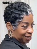 Salt and Pepper finger wave glueless wig pixie cut 100% Human Hair 
