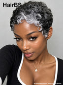 Salt and Pepper finger wave glueless wig pixie cut 100% Human Hair 