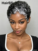 Salt and Pepper finger wave glueless wig pixie cut 100% Human Hair 