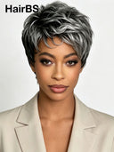 Glueless Wig pixie cut salt and pepper 100% Human Hair