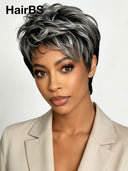 Glueless Wig pixie cut salt and pepper 100% Human Hair