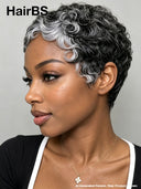 Salt and Pepper finger wave glueless wig pixie cut 100% Human Hair 
